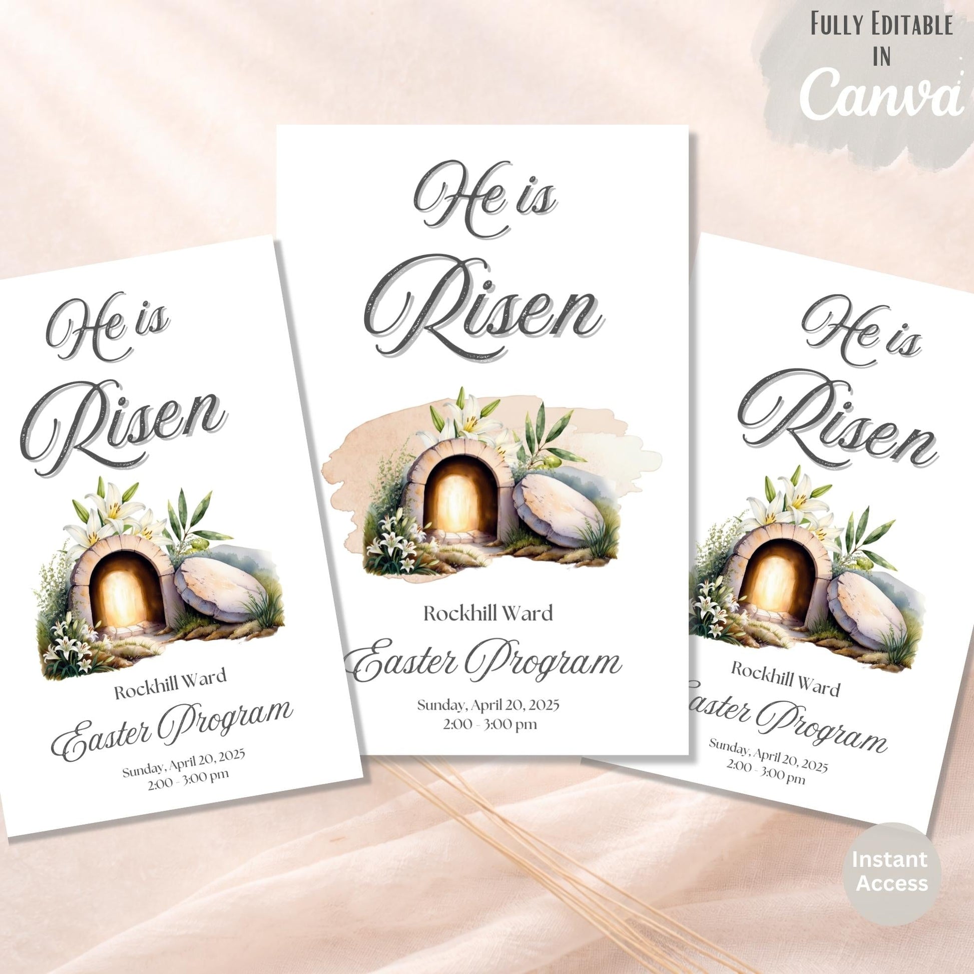 Editable Easter Church Program Template – He Is Risen (LDS Canva Download) – Digital Printable by Digital Kim Designs