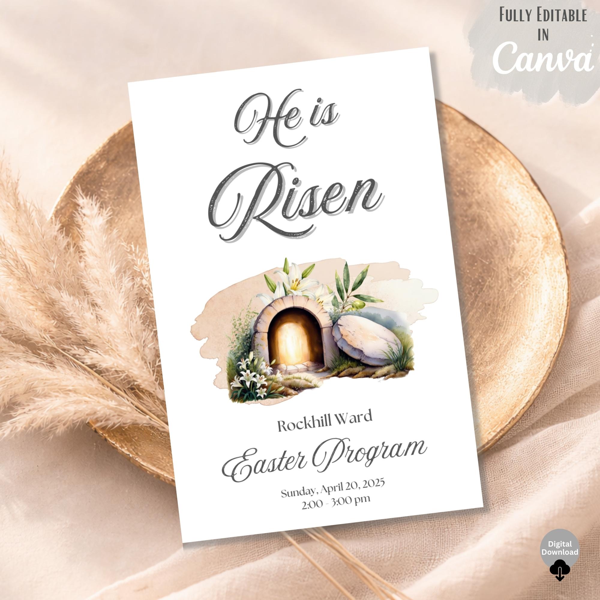Resurrection Program Banner Editable Easter Church Program Template – He Is Risen (LDS Canva ...