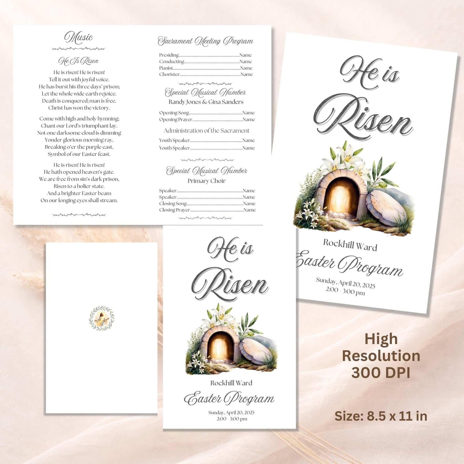Editable Easter Church Program Template – He Is Risen (LDS Canva Download) – Digital Printable by Digital Kim Designs