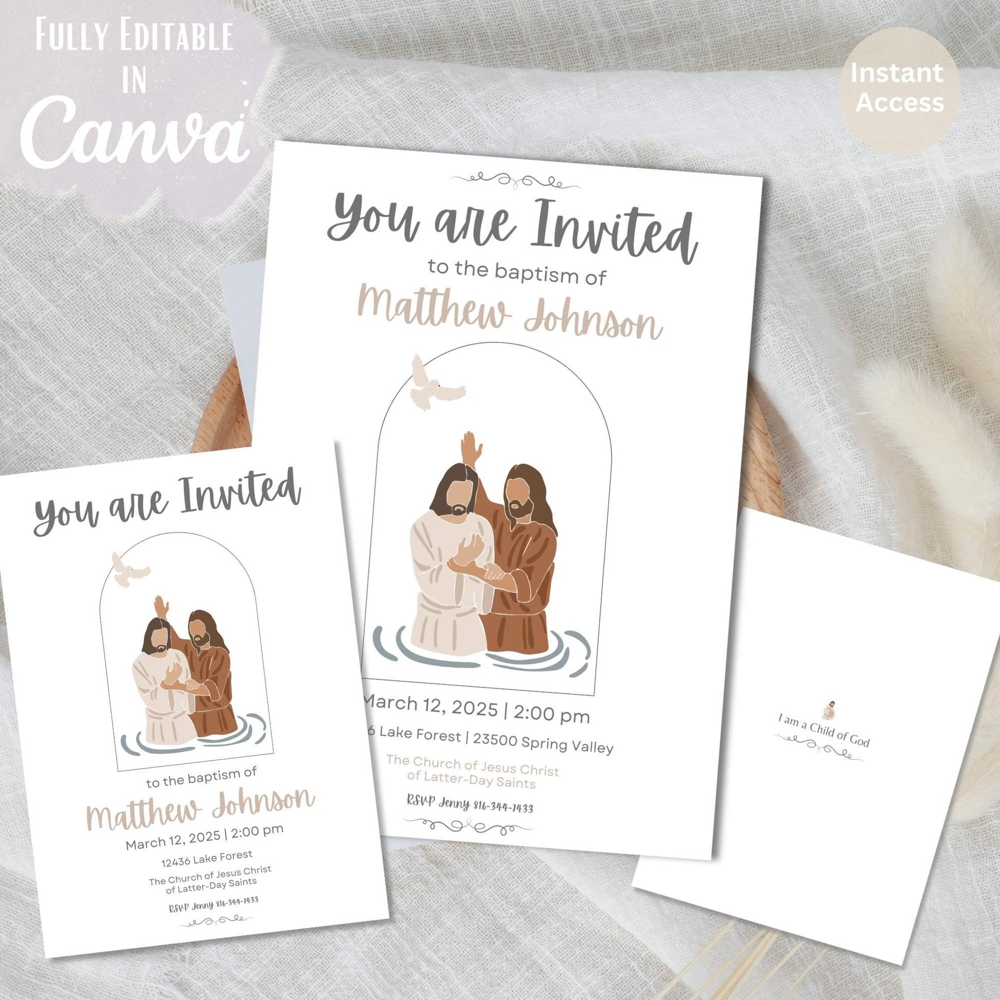 Editable LDS Baptism Invitation – Minimalist Canva Template | Baptism Illustration | Matching Program Available – Faith - Based Printable by Digital Kim Designs
