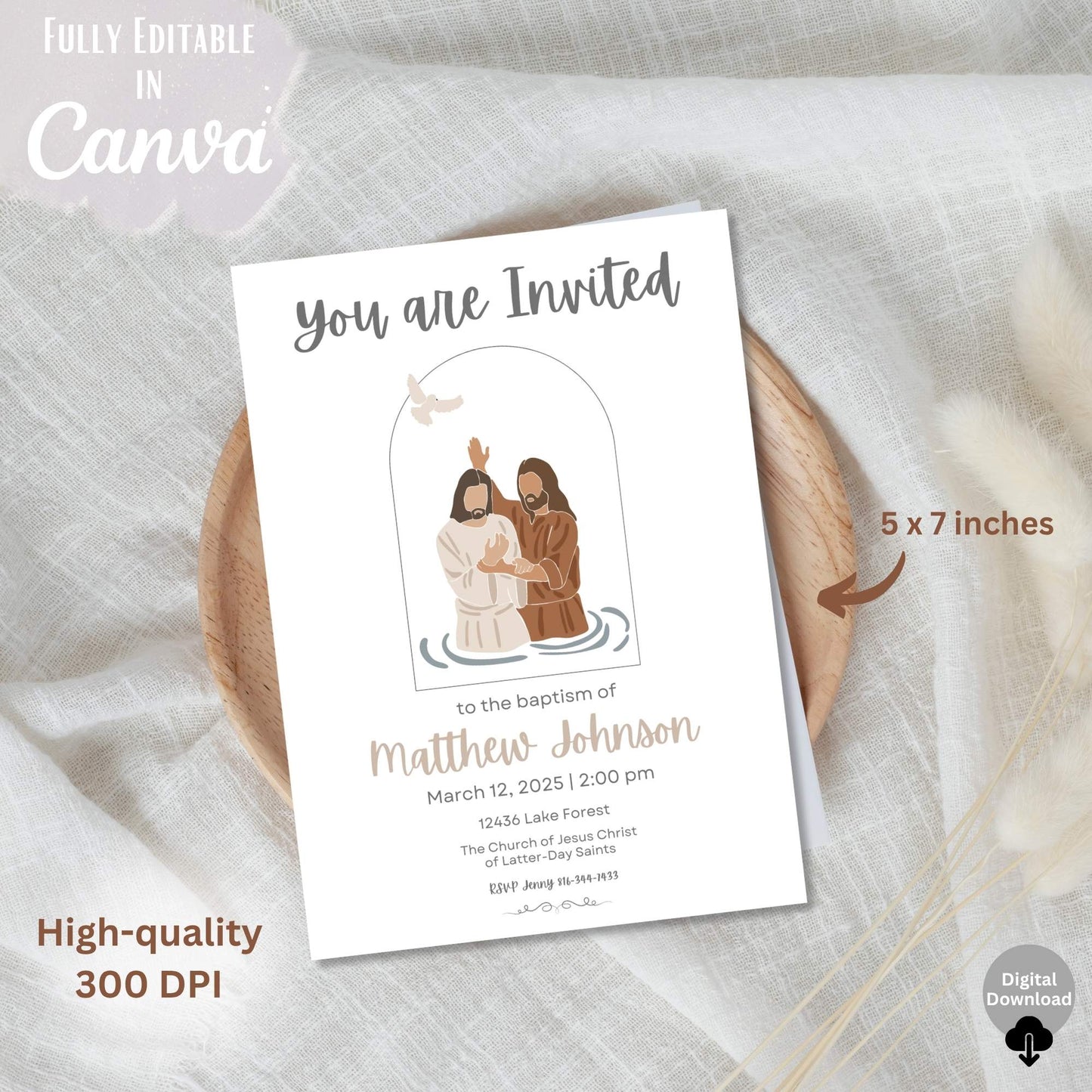 Editable LDS Baptism Invitation – Minimalist Canva Template | Baptism Illustration | Matching Program Available – Faith - Based Printable by Digital Kim Designs