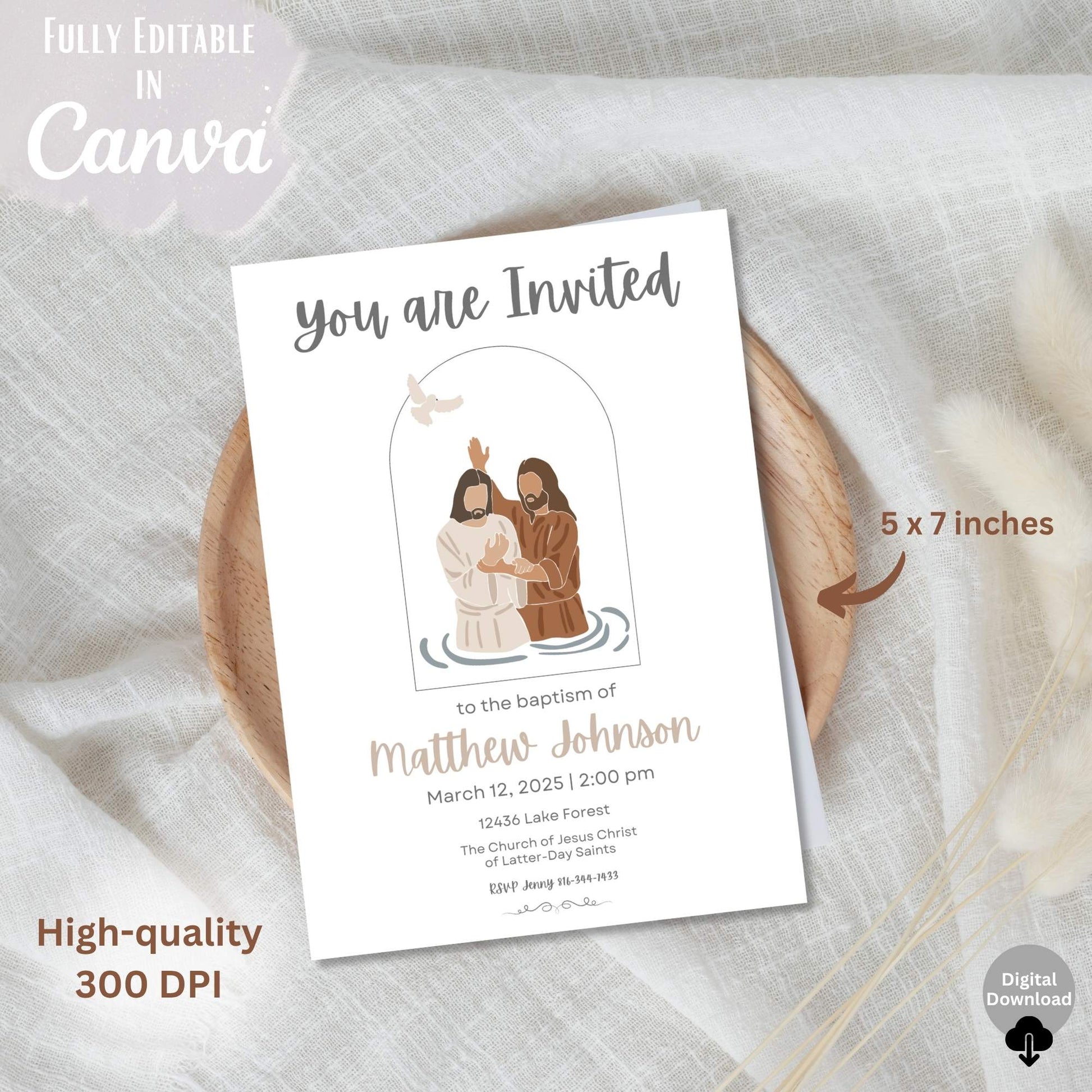 Editable LDS Baptism Invitation – Minimalist Canva Template | Baptism Illustration | Matching Program Available – Faith - Based Printable by Digital Kim Designs