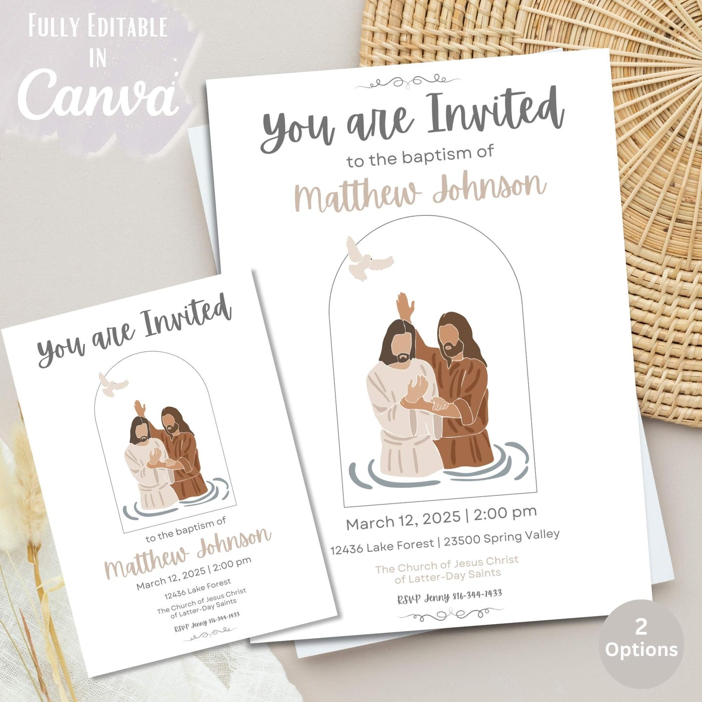 Editable LDS Baptism Invitation – Minimalist Canva Template | Baptism Illustration | Matching Program Available – Faith - Based Printable by Digital Kim Designs
