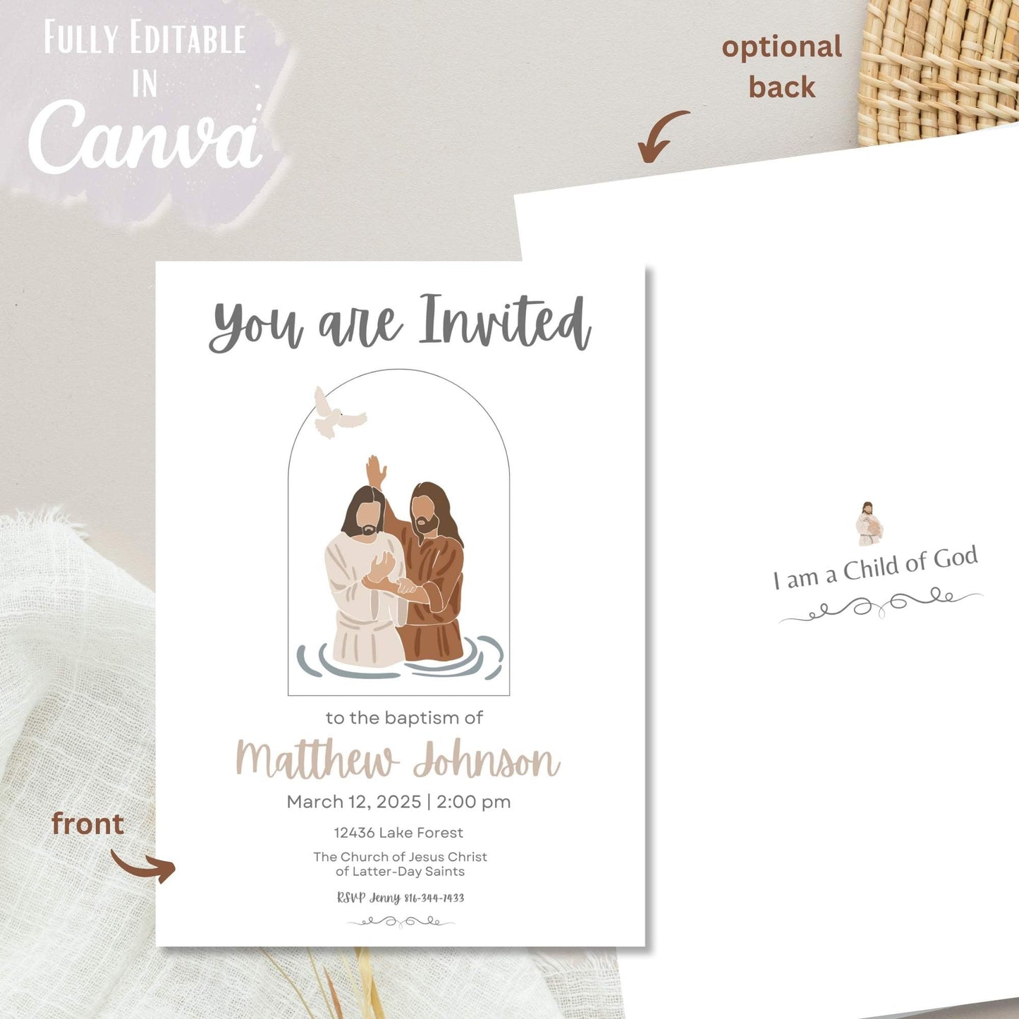 Editable LDS Baptism Invitation – Minimalist Canva Template | Baptism Illustration | Matching Program Available – Faith - Based Printable by Digital Kim Designs