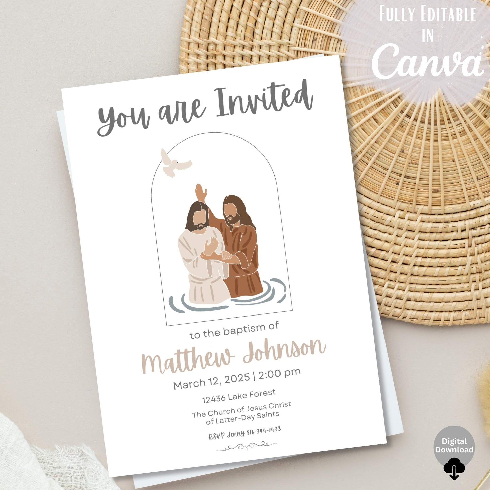Editable LDS Baptism Invitation – Minimalist Canva Template | Baptism Illustration | Matching Program Available – Faith - Based Printable by Digital Kim Designs