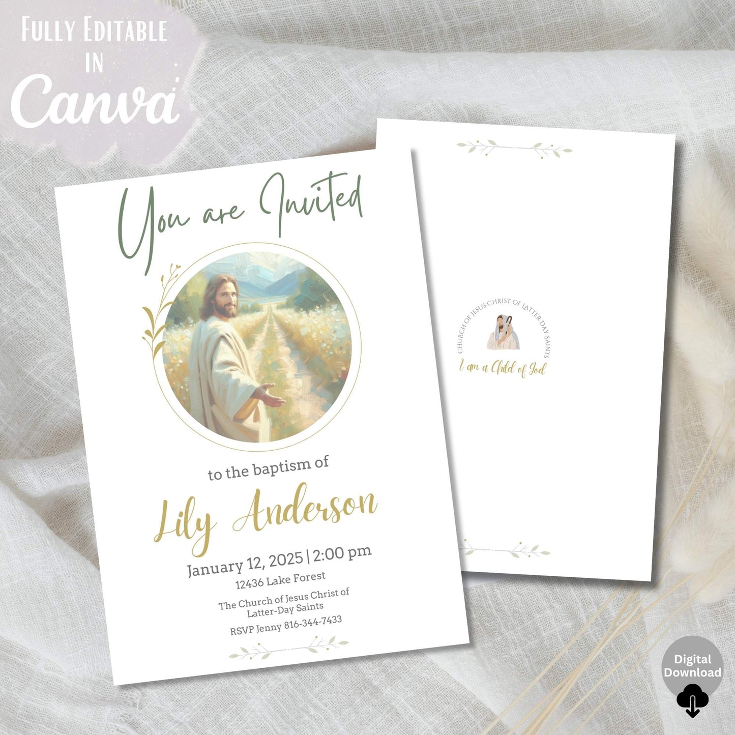 Editable LDS Baptism Invitation Template – Canva Printable | Girl or Boy | Instant Download – Faith - Based Printable by Digital Kim Designs