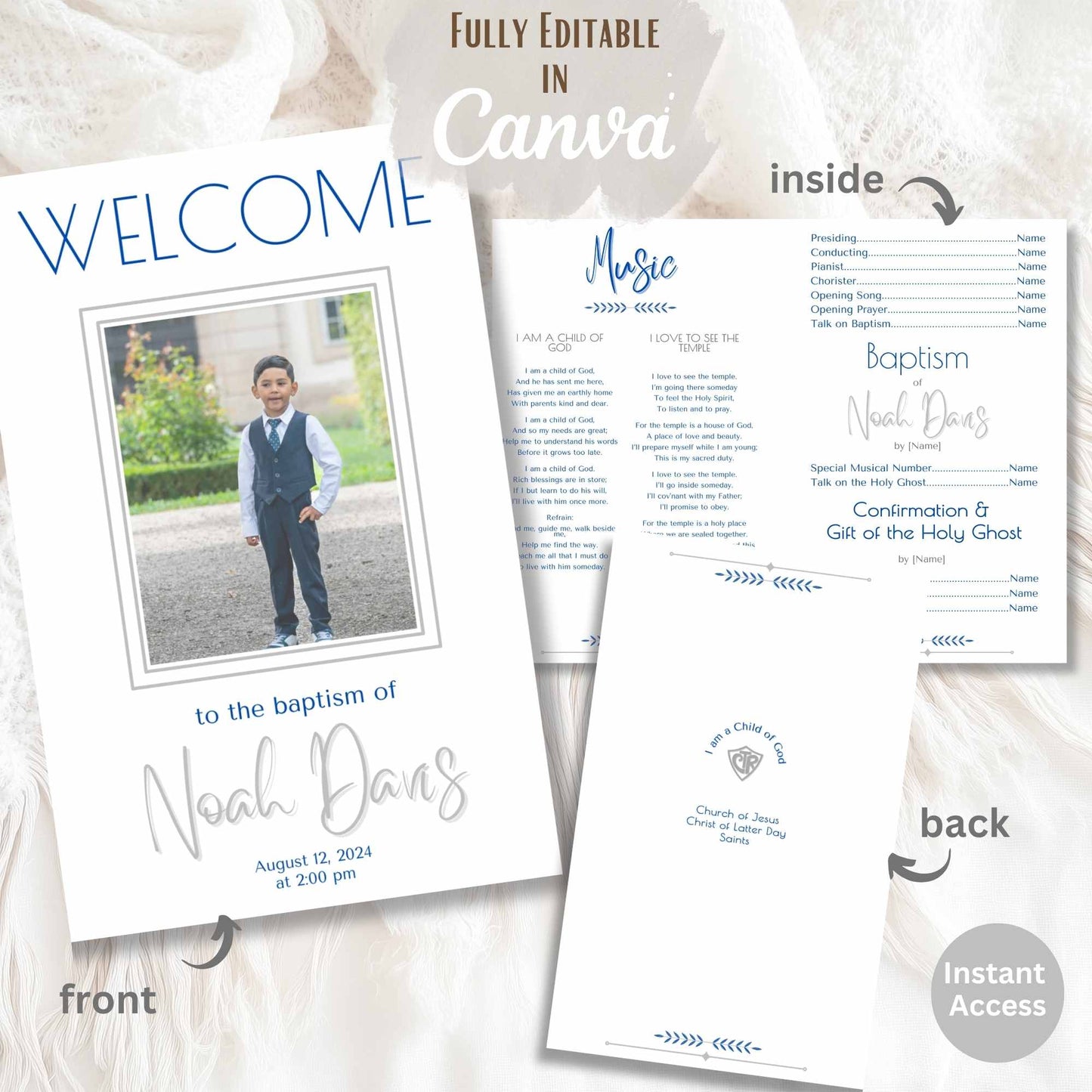 Editable LDS Baptism Program Template for Boys | Blue Foldable Canva Design | Digital Printable – Faith - Based Printable by Digital Kim Designs