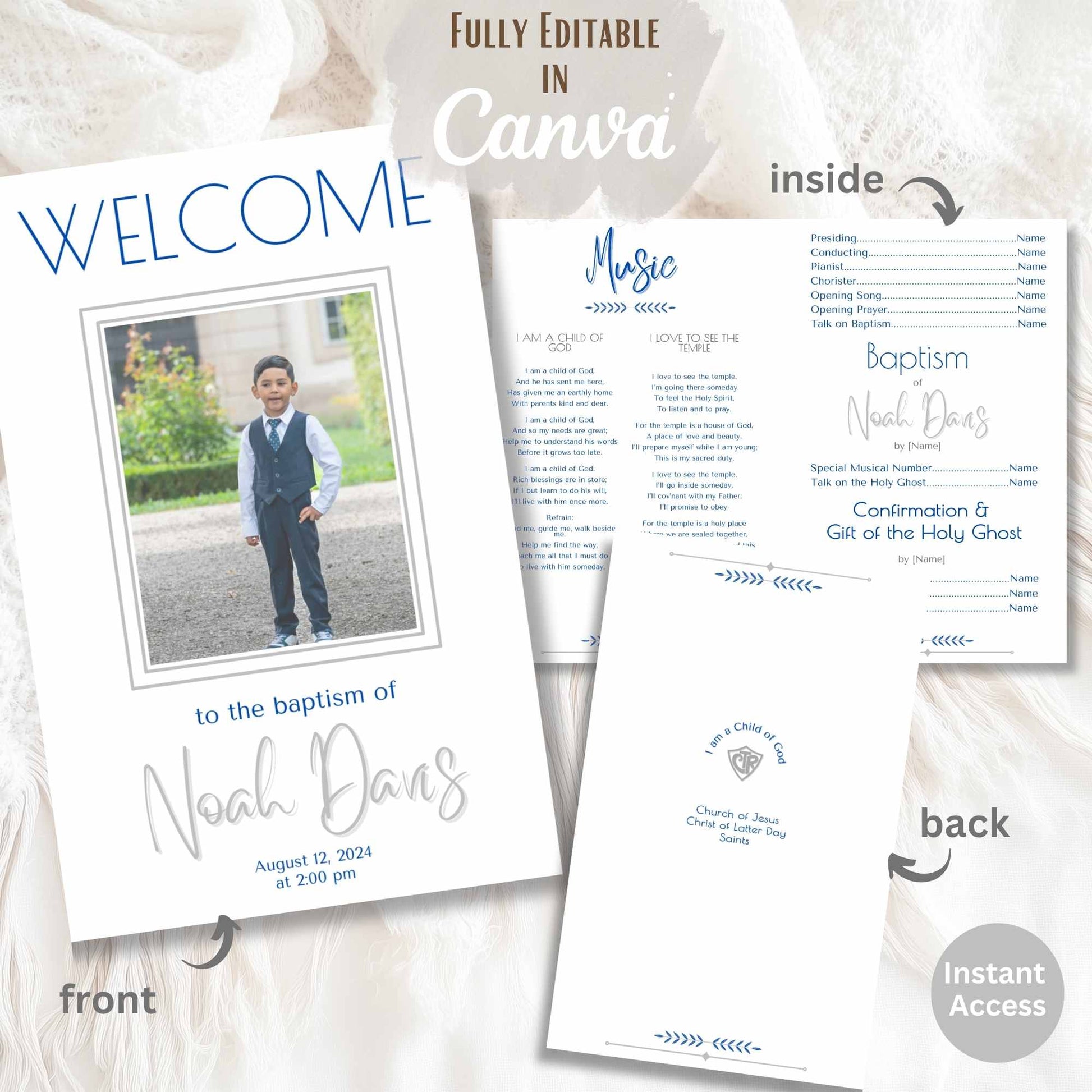 Editable LDS Baptism Program Template for Boys | Blue Foldable Canva Design | Digital Printable – Faith - Based Printable by Digital Kim Designs