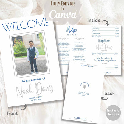 Editable LDS Baptism Program Template for Boys | Blue Foldable Canva Design | Digital Printable – Faith - Based Printable by Digital Kim Designs