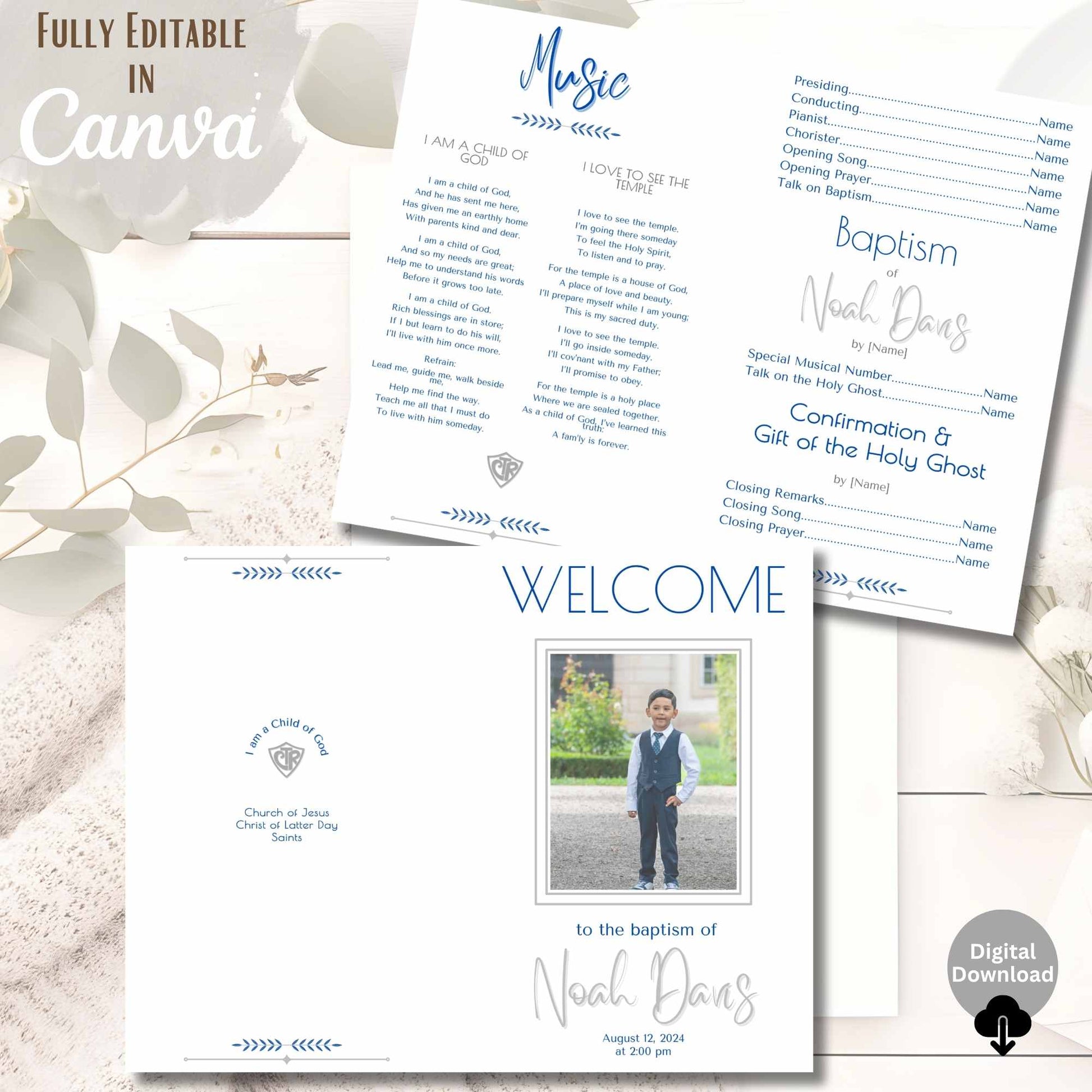 Editable LDS Baptism Program Template for Boys | Blue Foldable Canva Design | Digital Printable – Faith - Based Printable by Digital Kim Designs