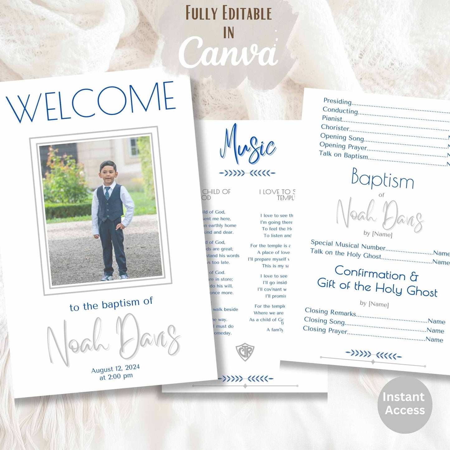 Editable LDS Baptism Program Template for Boys | Blue Foldable Canva Design | Digital Printable – Faith - Based Printable by Digital Kim Designs