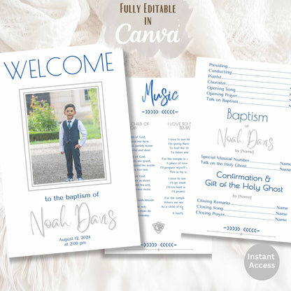 Editable LDS Baptism Program Template for Boys | Blue Foldable Canva Design | Digital Printable – Faith - Based Printable by Digital Kim Designs