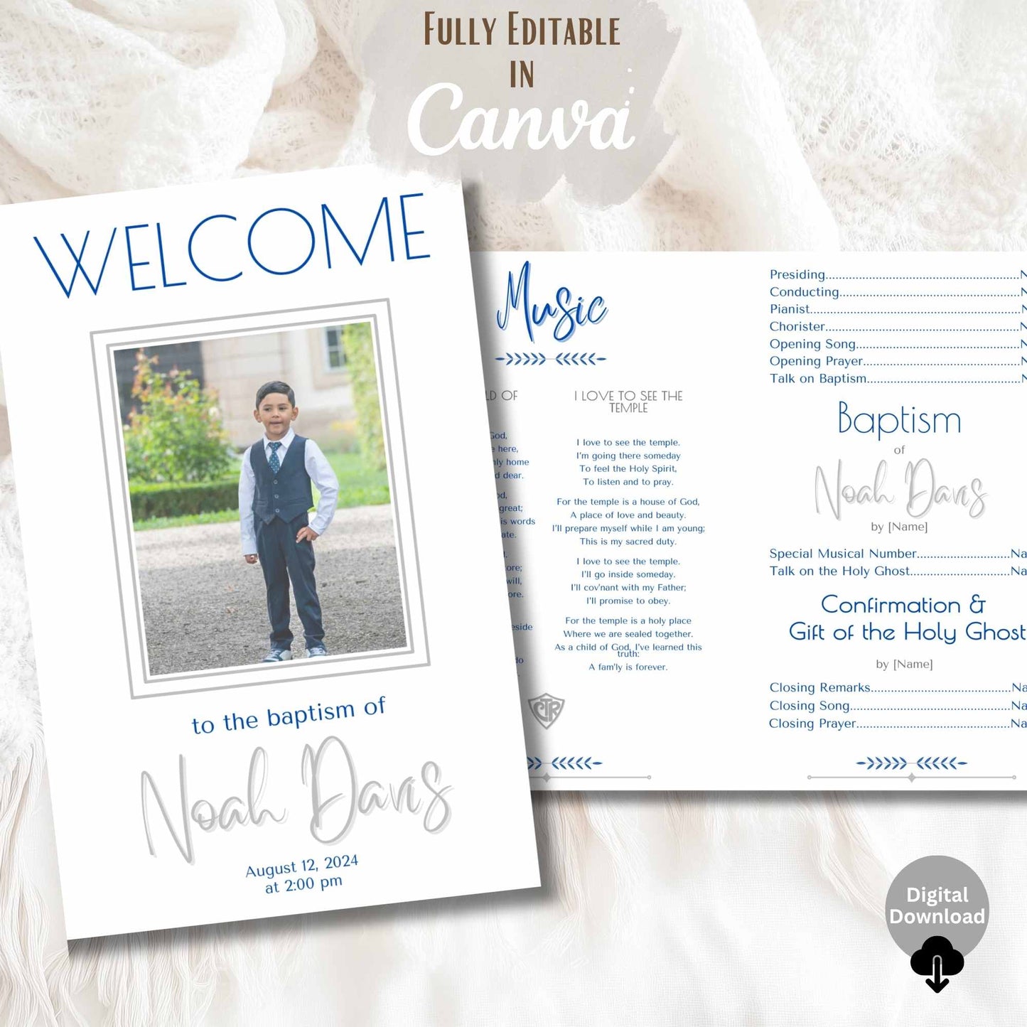Editable LDS Baptism Program Template for Boys | Blue Foldable Canva Design | Digital Printable – Faith - Based Printable by Digital Kim Designs