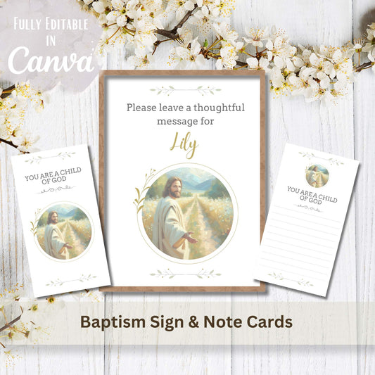Editable LDS Baptism Sign & Note Cards – Neutral Jesus Design, Printable Canva Template – Faith - Based Printable by Digital Kim Designs