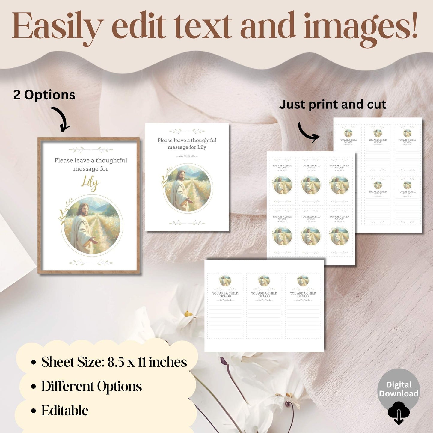 Editable LDS Baptism Sign & Note Cards – Neutral Jesus Design, Printable Canva Template – Faith - Based Printable by Digital Kim Designs