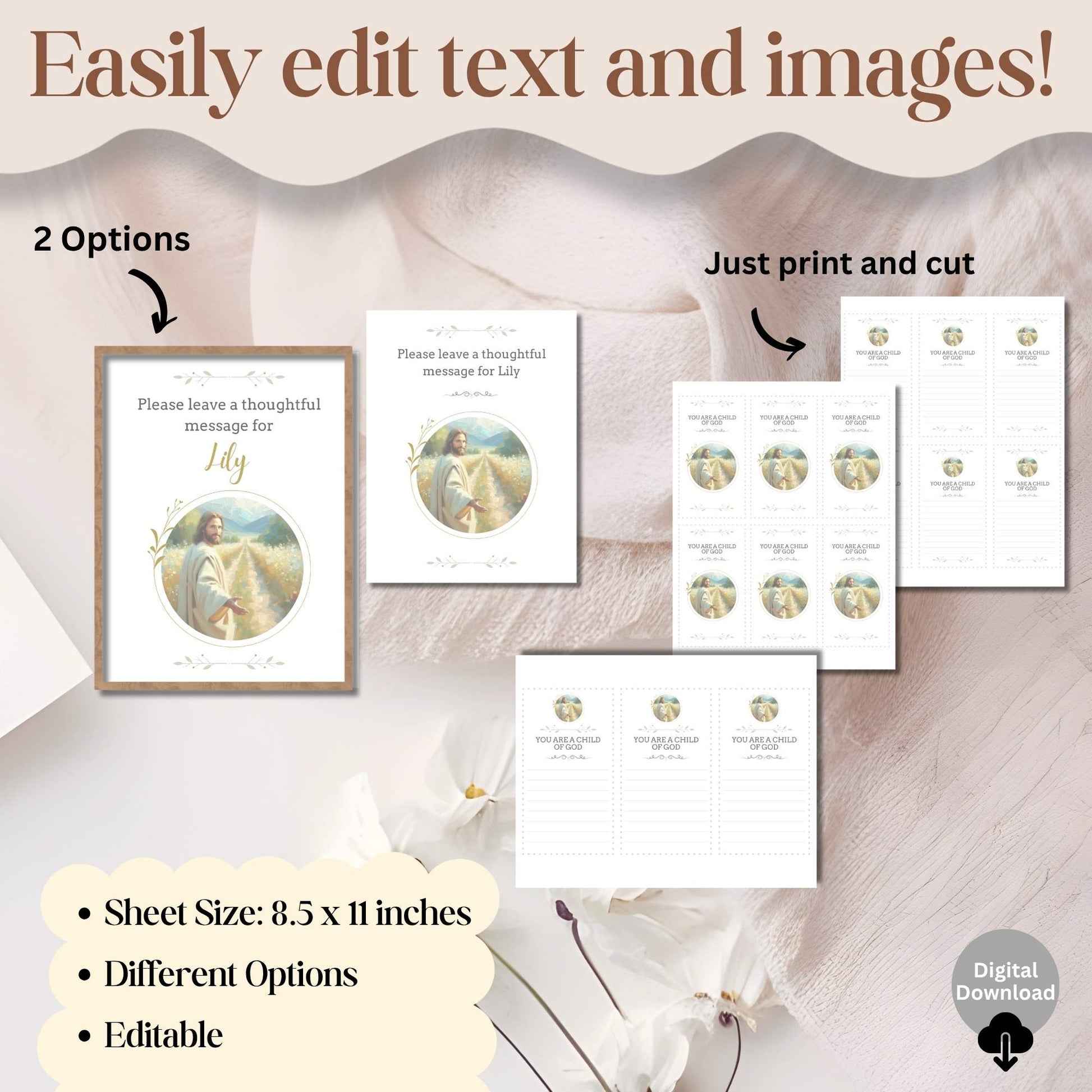 Editable LDS Baptism Sign & Note Cards – Neutral Jesus Design, Printable Canva Template – Faith - Based Printable by Digital Kim Designs