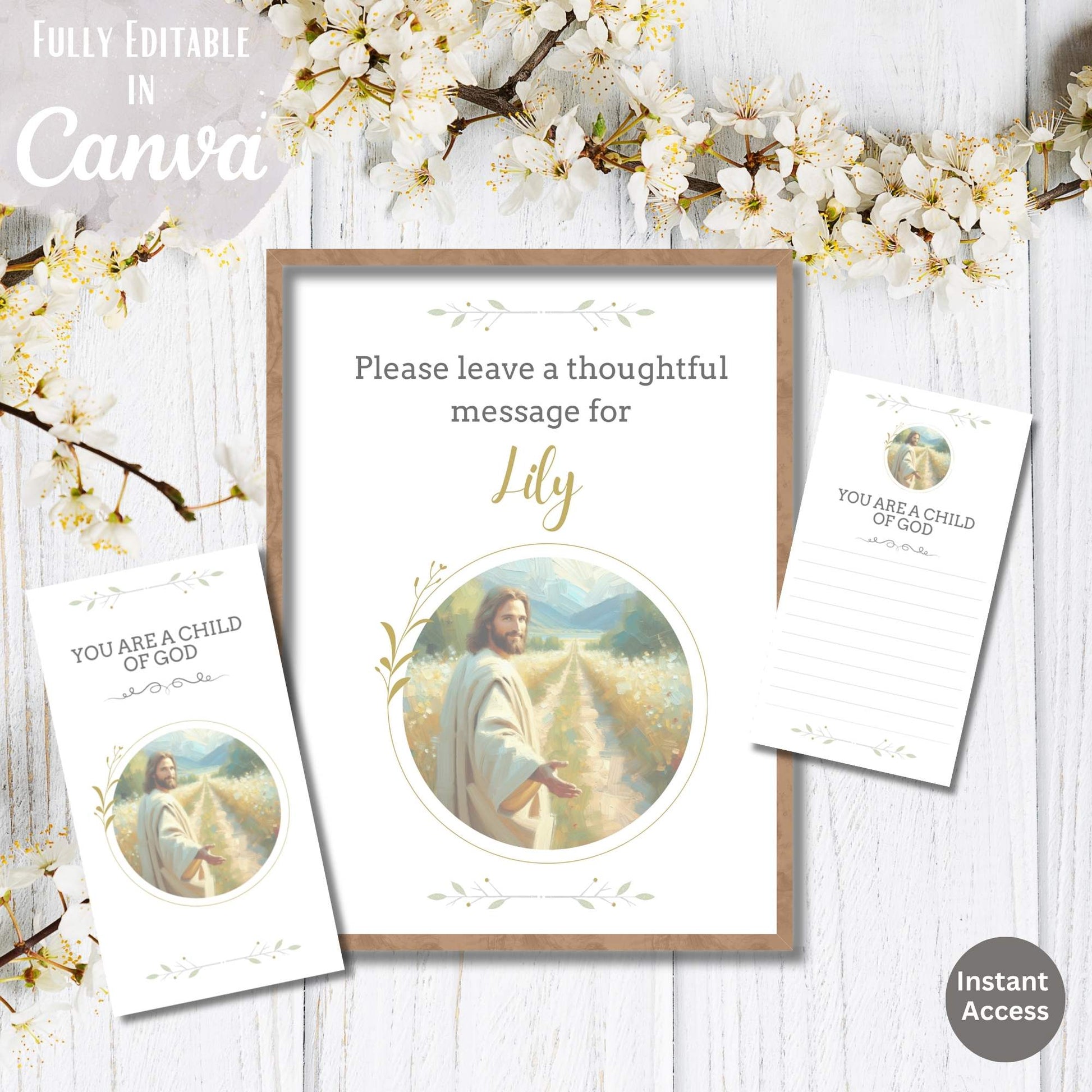 Editable LDS Baptism Sign & Note Cards – Neutral Jesus Design, Printable Canva Template – Faith - Based Printable by Digital Kim Designs