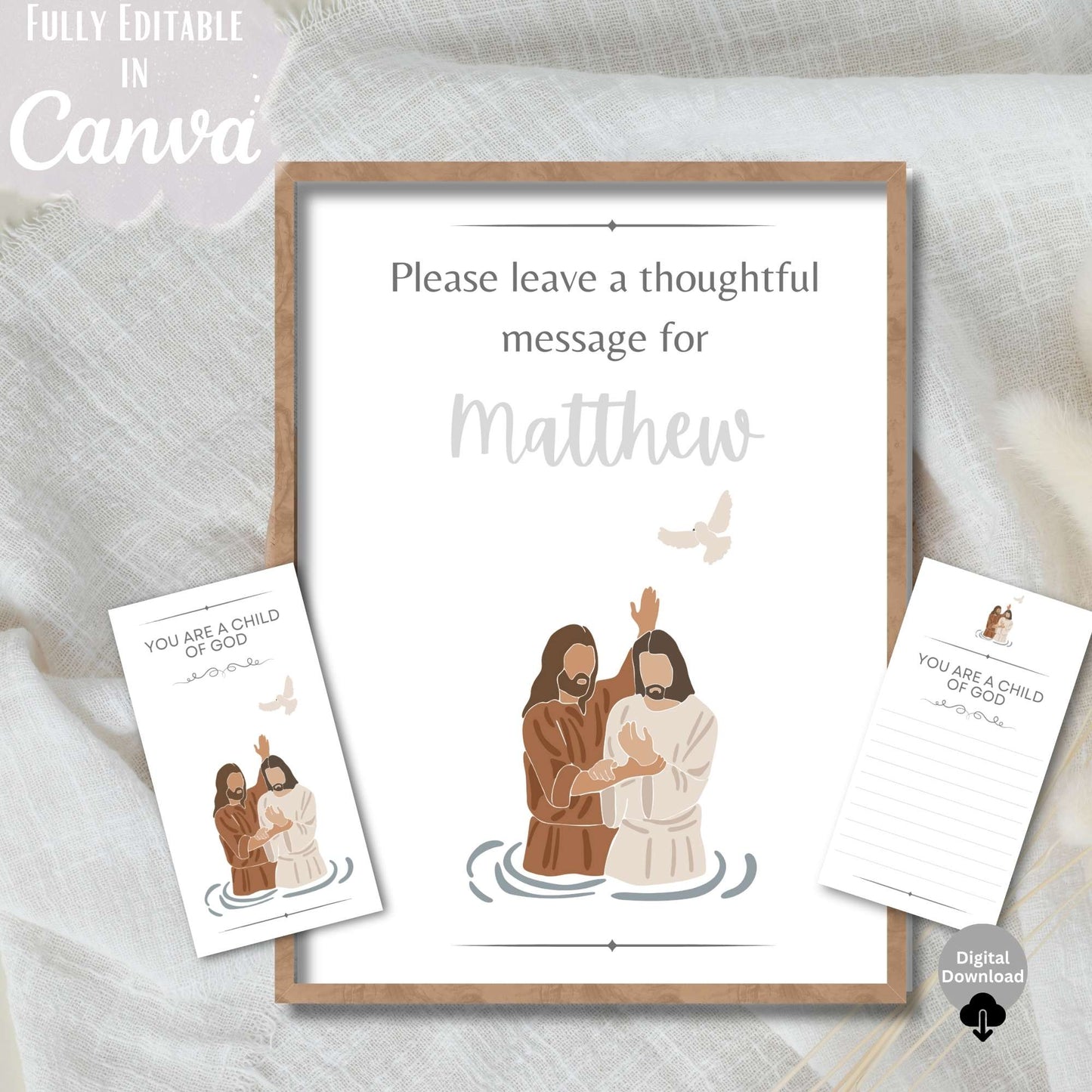 Editable LDS Baptism Sign & Note Cards – Printable Keepsake for Guests, Canva Template – Faith - Based Printable by Digital Kim Designs