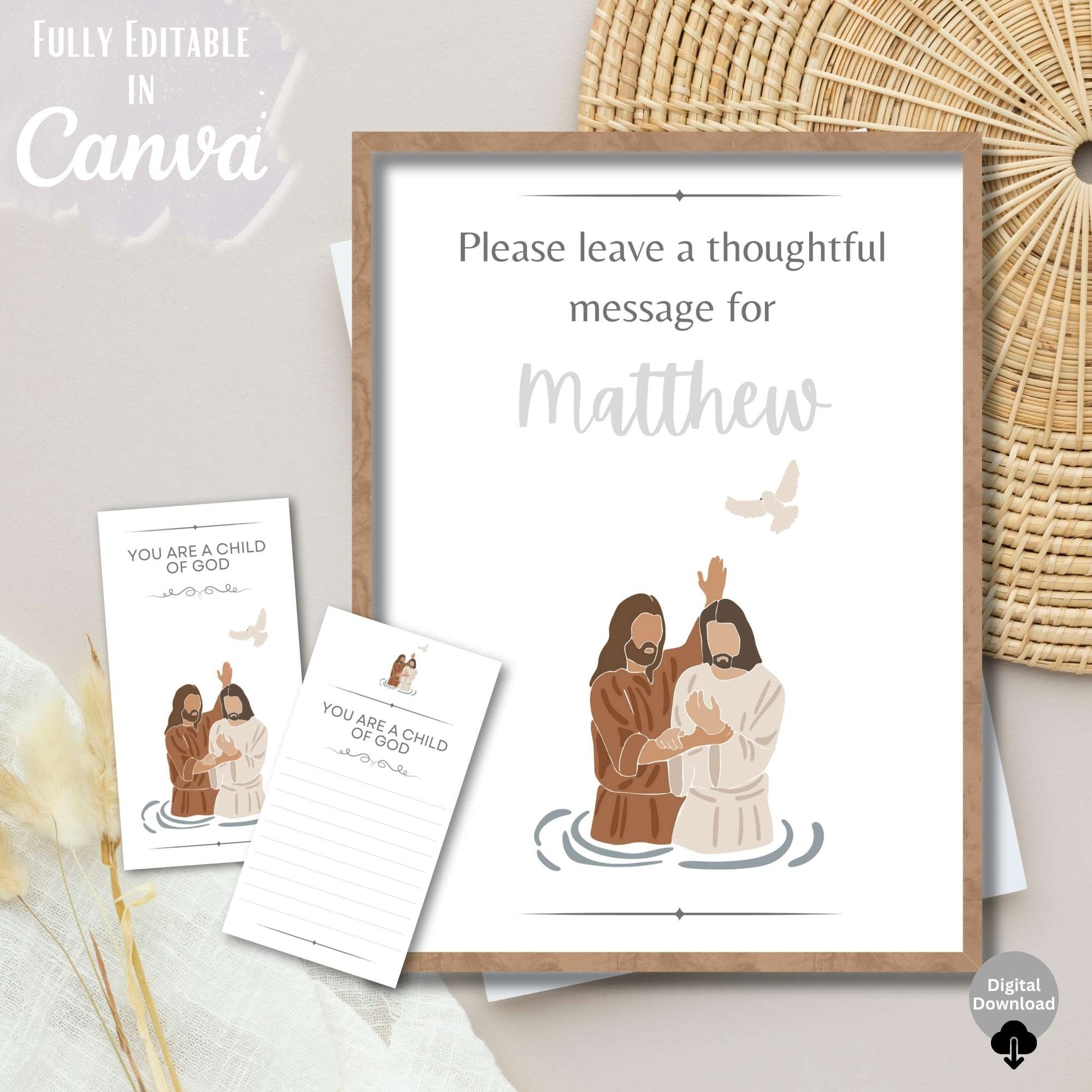 Editable LDS Baptism Sign & Note Cards – Printable Keepsake for Guests, Canva Template – Faith - Based Printable by Digital Kim Designs