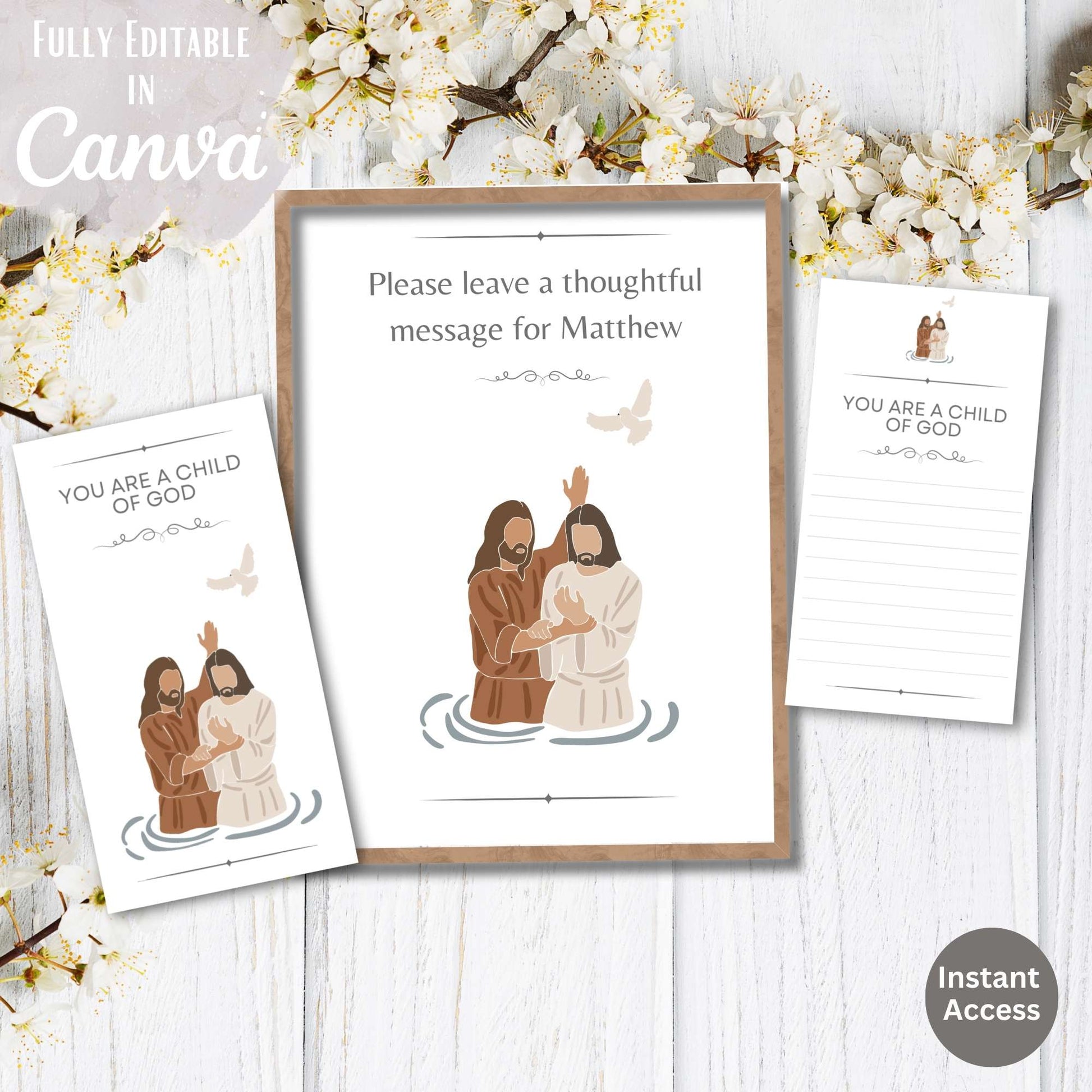 Editable LDS Baptism Sign & Note Cards – Printable Keepsake for Guests, Canva Template – Faith - Based Printable by Digital Kim Designs