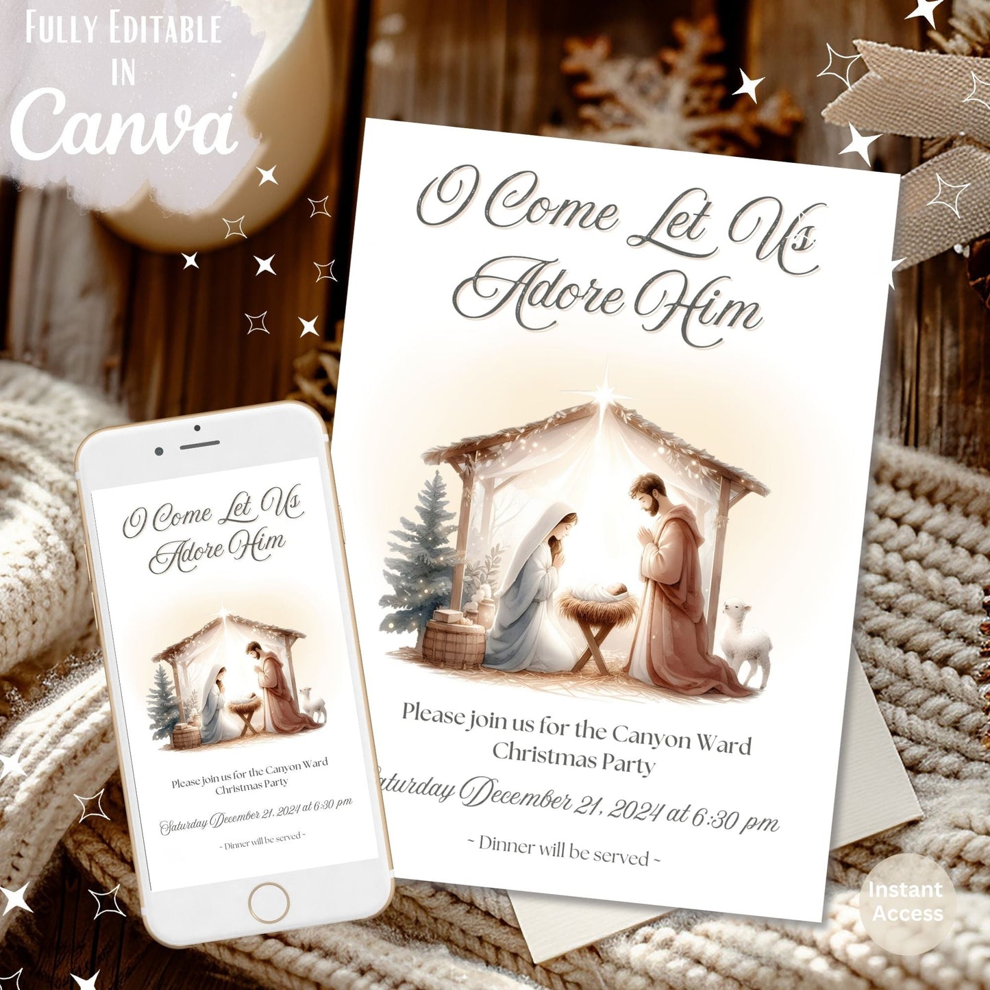 Editable LDS Christmas Party Invitation | O Come Let Us Adore Him | Nativity Canva Template | Digital Download – Digital Printable by Digital Kim Designs