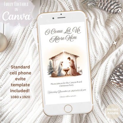 Editable LDS Christmas Party Invitation | O Come Let Us Adore Him | Nativity Canva Template | Digital Download – Digital Printable by Digital Kim Designs