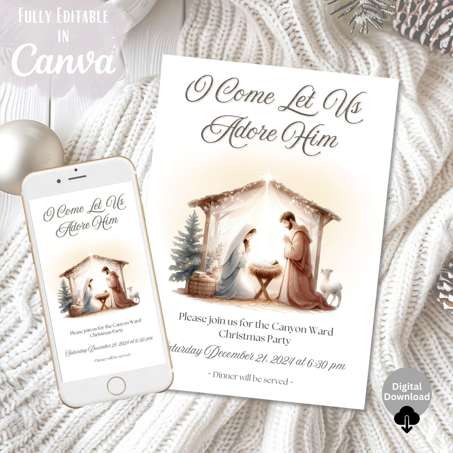 Editable LDS Christmas Party Invitation | O Come Let Us Adore Him | Nativity Canva Template | Digital Download – Digital Printable by Digital Kim Designs