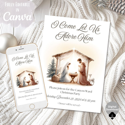 Editable LDS Christmas Party Invitation | O Come Let Us Adore Him | Nativity Canva Template | Digital Download – Digital Printable by Digital Kim Designs