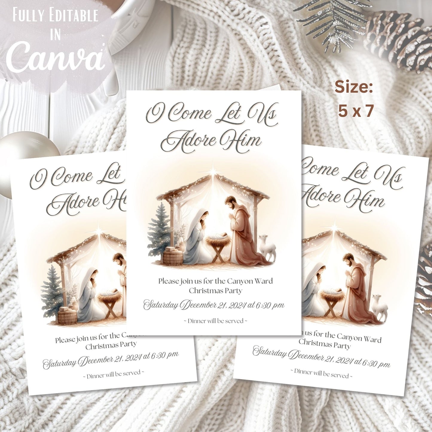 Editable LDS Christmas Party Invitation | O Come Let Us Adore Him | Nativity Canva Template | Digital Download – Digital Printable by Digital Kim Designs