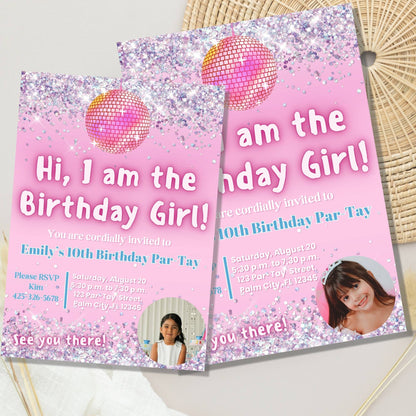 Editable Photo Birthday Invitation – “I Am the Birthday Girl” Canva Template | Pink Disco Theme for Girls – Faith - Based Printable by Digital Kim Designs