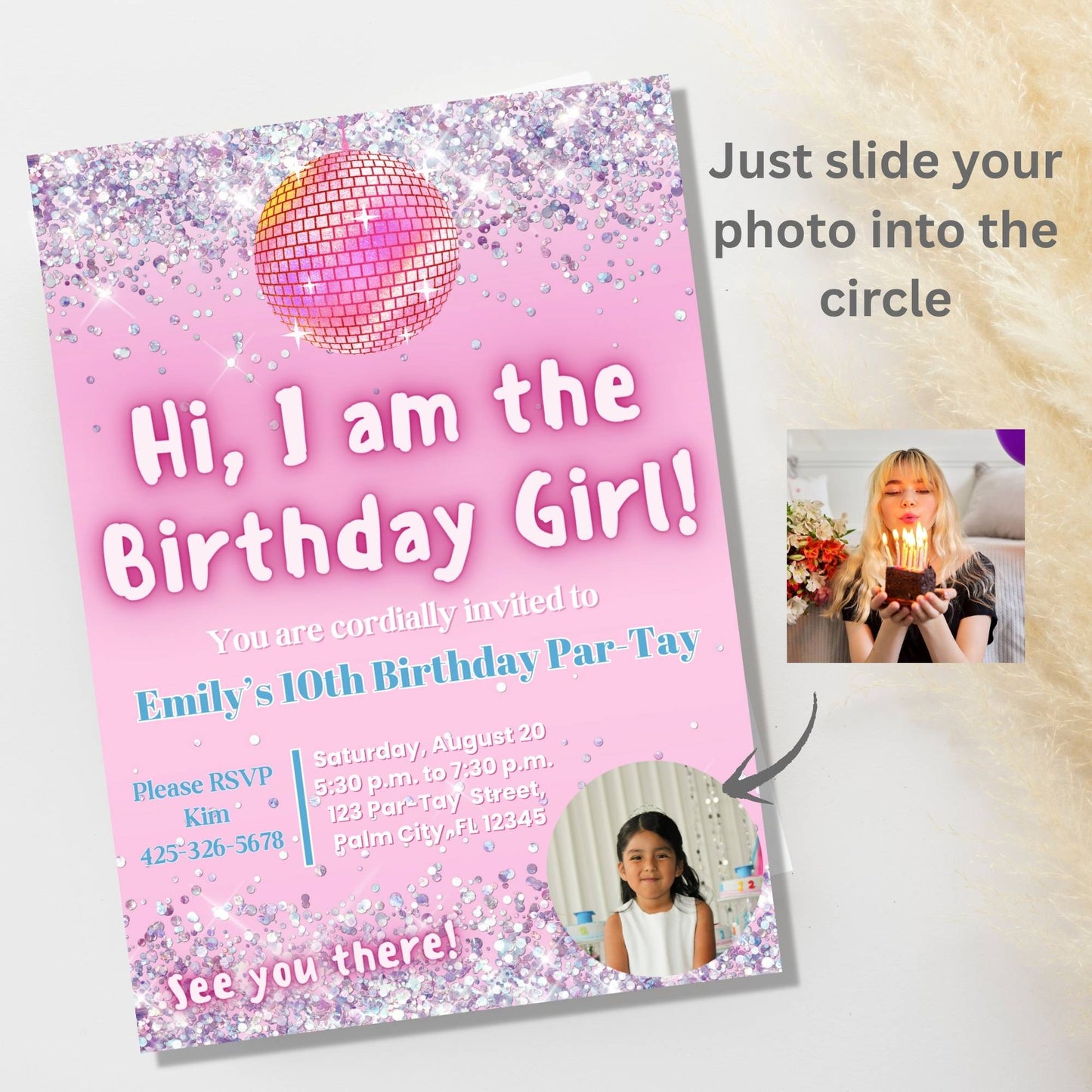 Editable Photo Birthday Invitation – “I Am the Birthday Girl” Canva Template | Pink Disco Theme for Girls – Faith - Based Printable by Digital Kim Designs
