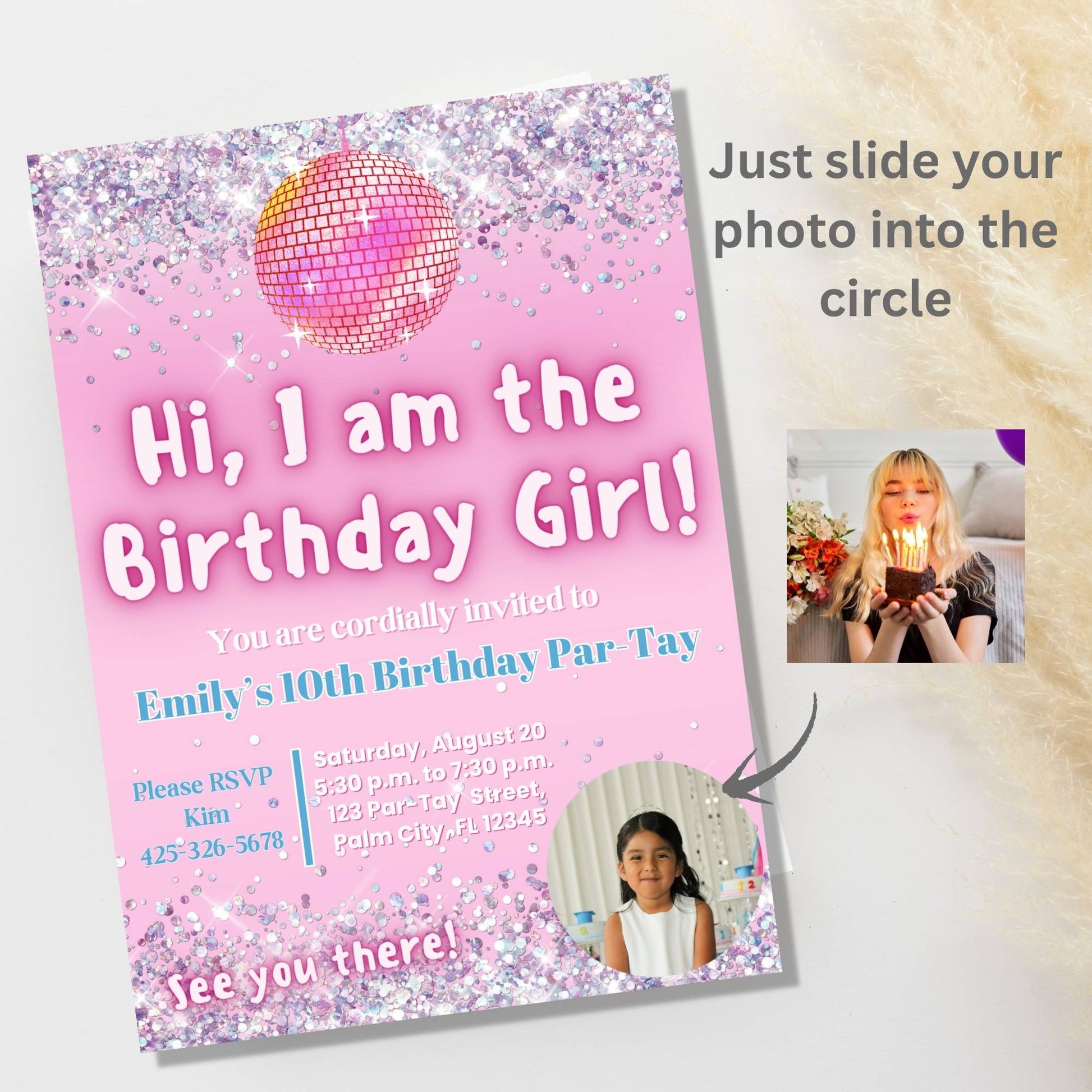 Editable Photo Birthday Invitation – “I Am the Birthday Girl” Canva Template | Pink Disco Theme for Girls – Faith - Based Printable by Digital Kim Designs