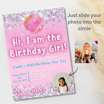 Editable Photo Birthday Invitation – “I Am the Birthday Girl” Canva Template | Pink Disco Theme for Girls – Faith - Based Printable by Digital Kim Designs