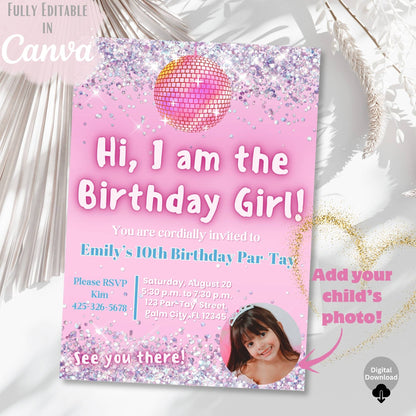 Editable Photo Birthday Invitation – “I Am the Birthday Girl” Canva Template | Pink Disco Theme for Girls – Faith - Based Printable by Digital Kim Designs