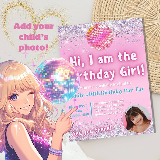 Editable Photo Birthday Invitation – “I Am the Birthday Girl” Canva Template | Pink Disco Theme for Girls – Faith - Based Printable by Digital Kim Designs