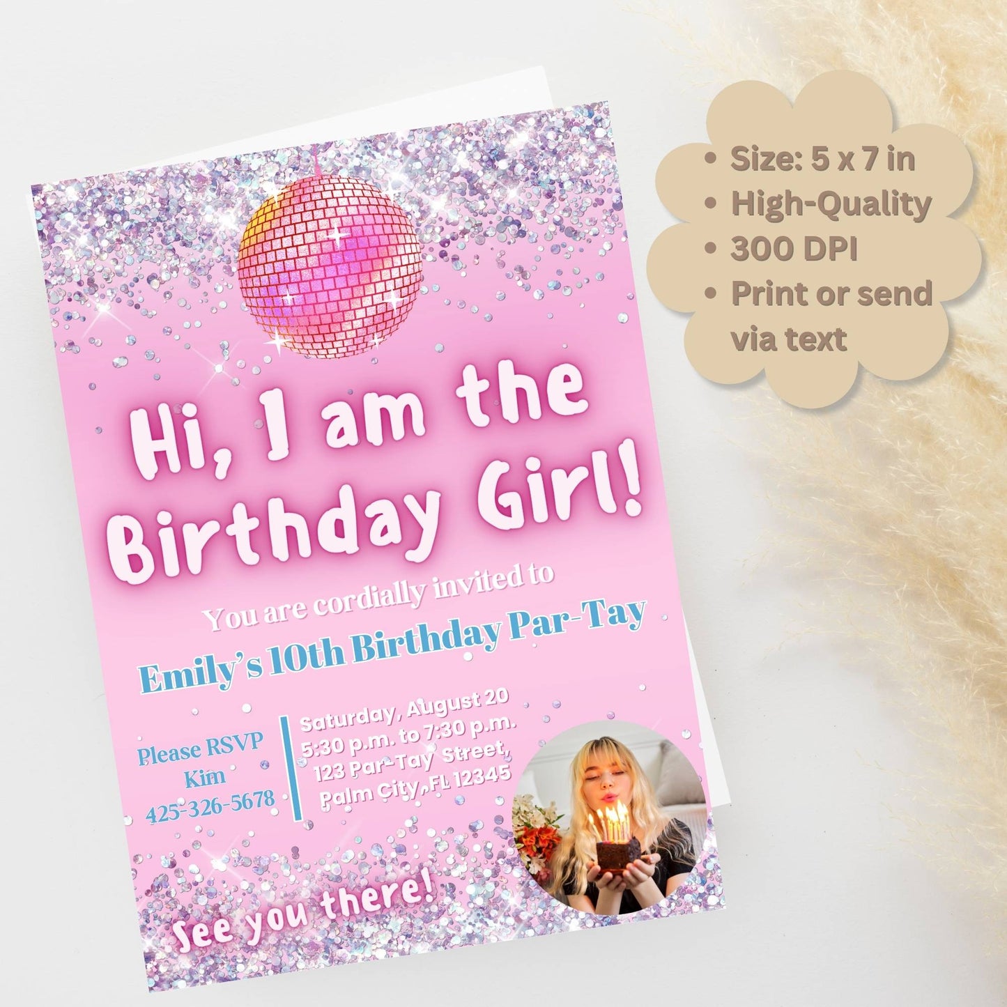 Editable Photo Birthday Invitation – “I Am the Birthday Girl” Canva Template | Pink Disco Theme for Girls – Faith - Based Printable by Digital Kim Designs