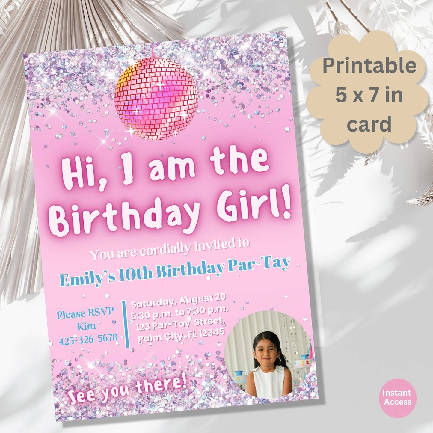 Editable Photo Birthday Invitation – “I Am the Birthday Girl” Canva Template | Pink Disco Theme for Girls – Faith - Based Printable by Digital Kim Designs