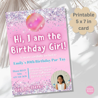 Editable Photo Birthday Invitation – “I Am the Birthday Girl” Canva Template | Pink Disco Theme for Girls – Faith - Based Printable by Digital Kim Designs