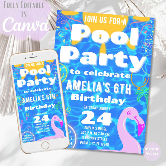 Editable Pool Party Birthday Invitation | Canva Template | Instant Download – Faith - Based Printable by Digital Kim Designs