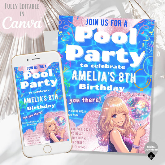 Editable Pool Party Birthday Invitation – Pop Star Canva Template for Girls | Instant Download – Faith - Based Printable by Digital Kim Designs