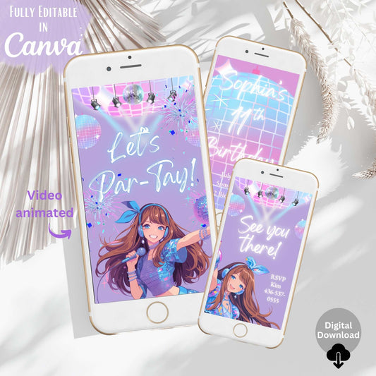 Editable Popstar Video Invitation – Tween Girl Birthday Party with Disco Theme, Canva Template – Faith - Based Printable by Digital Kim Designs