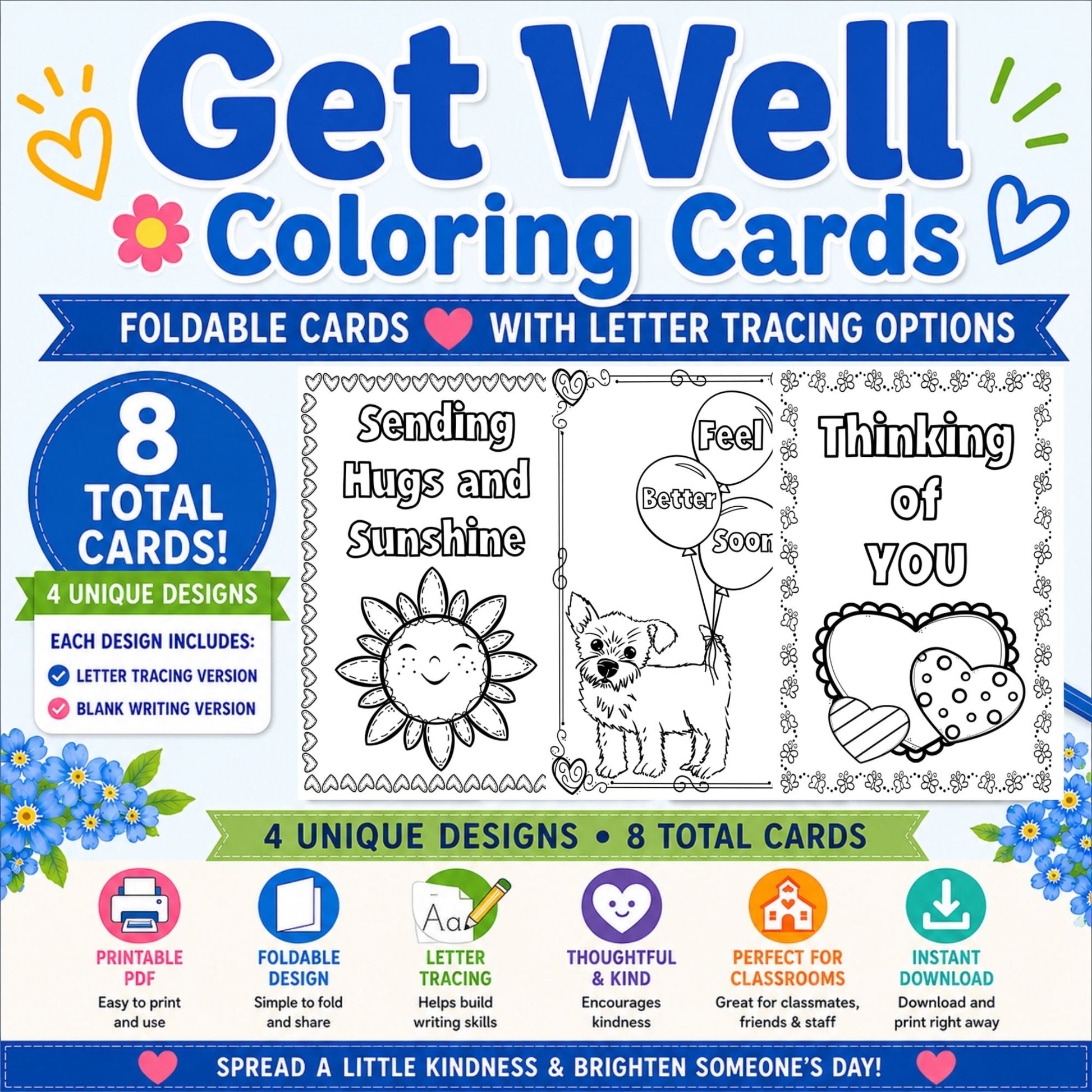 Get Well Coloring Cards | Foldable Cards | Letter Tracing | Writing Activity – Digital Printable by Digital Kim Designs