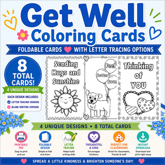 Get Well Coloring Cards | Foldable Cards | Letter Tracing | Writing Activity – Digital Printable by Digital Kim Designs