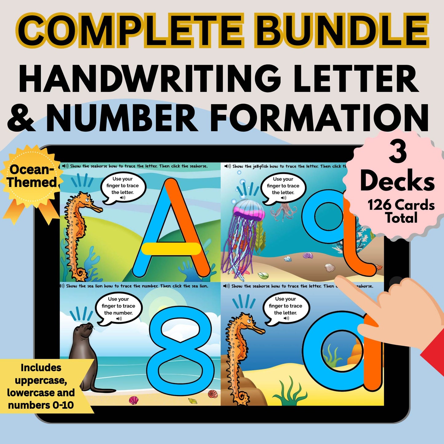 Handwriting Letter & Number Formation Bundle | Ocean-Themed Boom™ Cards – Digital Printable by Digital Kim Designs