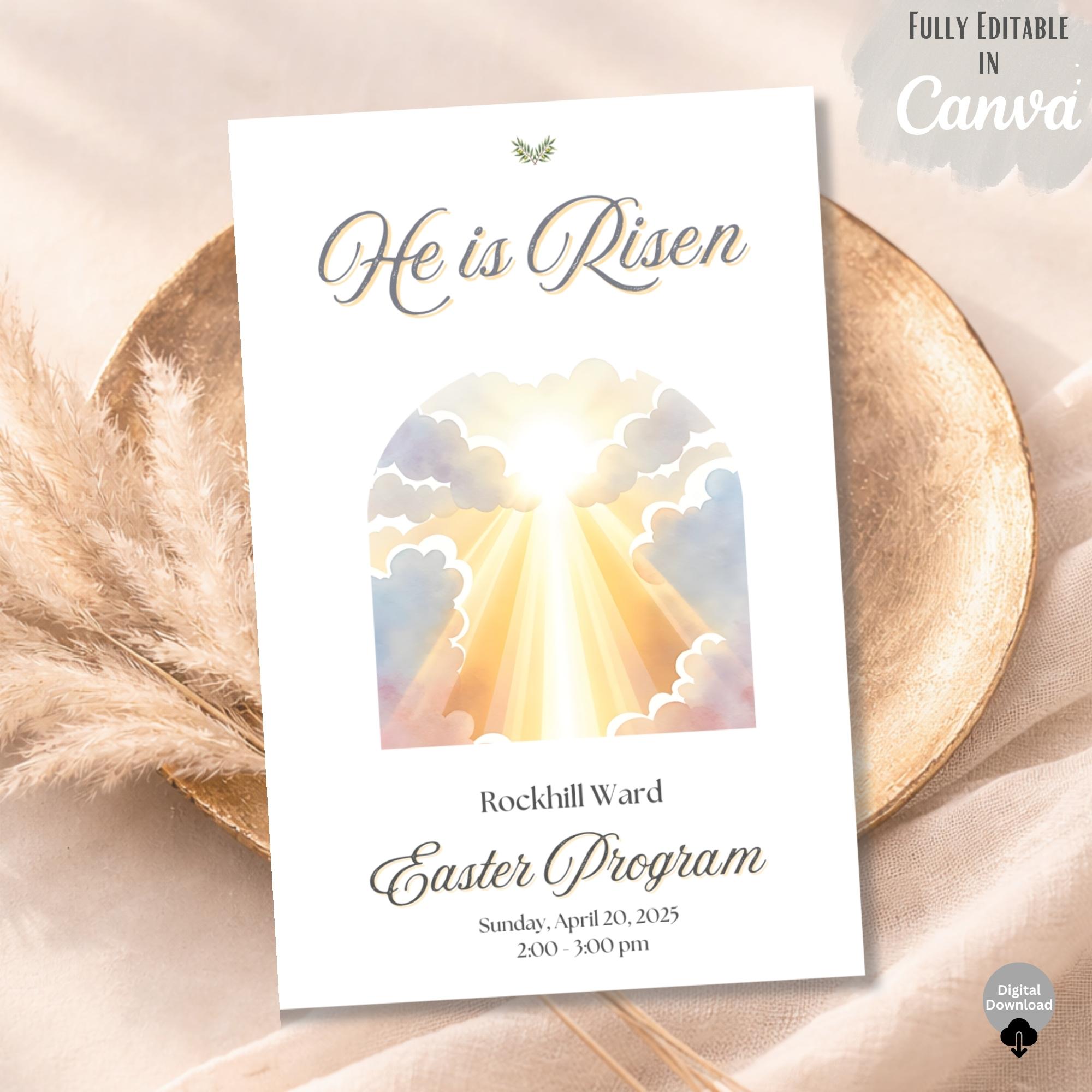 LDS Easter Sacrament Program Template | He Is Risen Canva Download ...