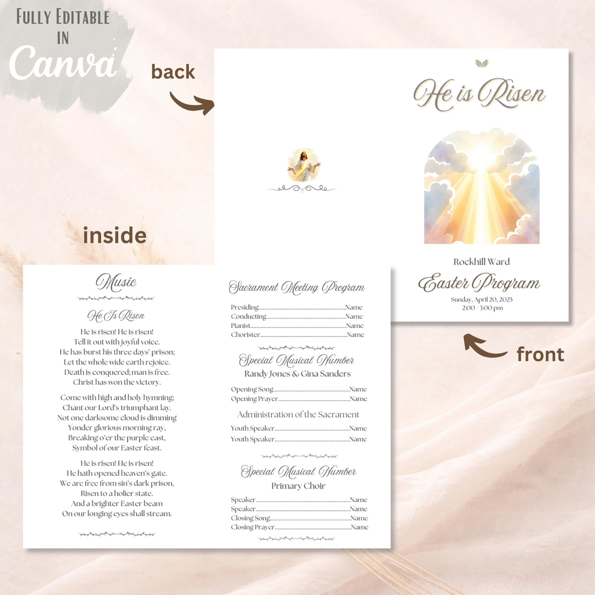He Is Risen – Editable LDS Easter Sacrament Program Template (Canva Download) – Digital Printable by Digital Kim Designs