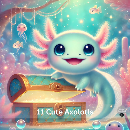 Kawaii Axolotl Watercolor Art Set | 11 Ocean Illustrations – Digital Printable by Digital Kim Designs