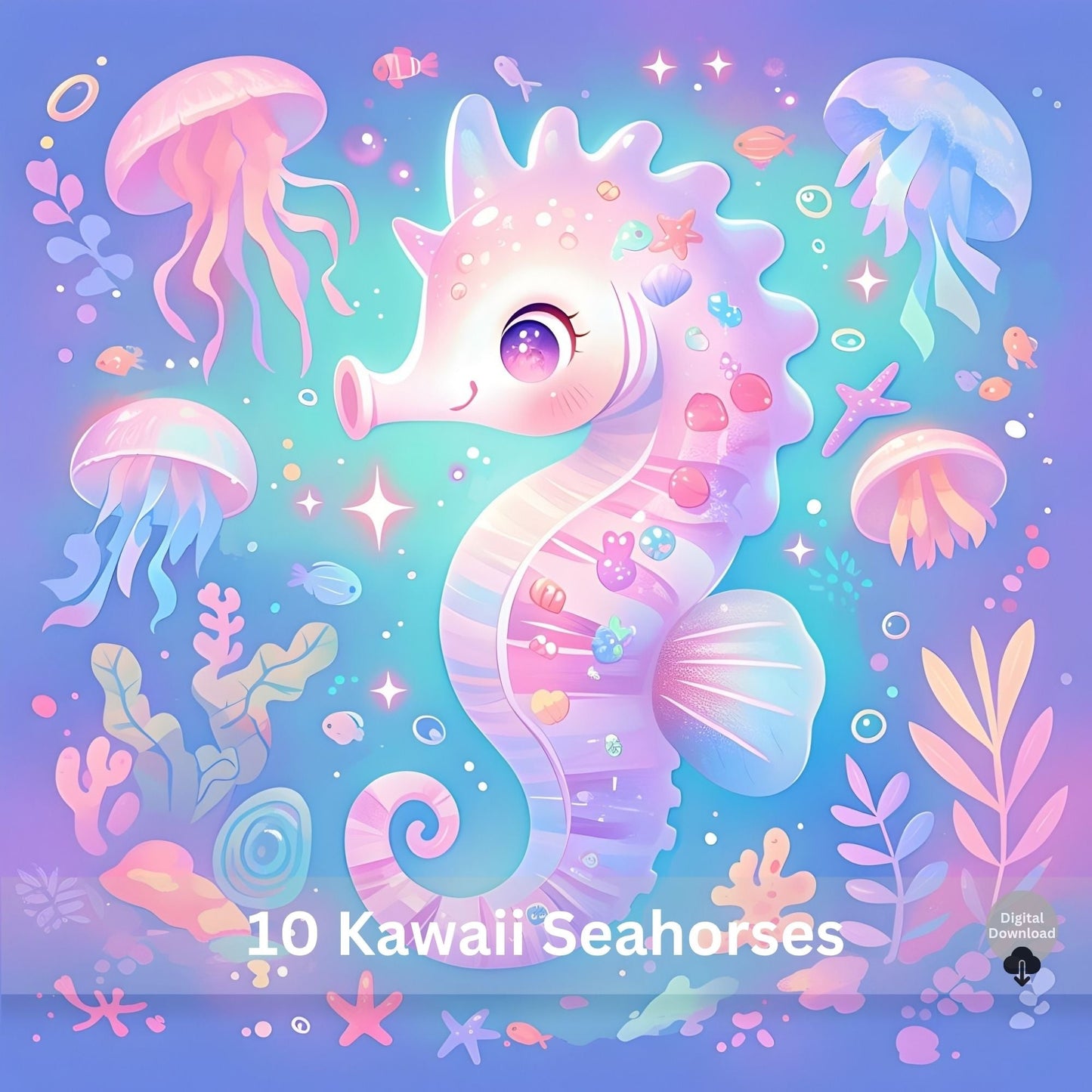 Kawaii Seahorse Watercolor Art Set | 10 Ocean JPEG Images – Digital Printable by Digital Kim Designs