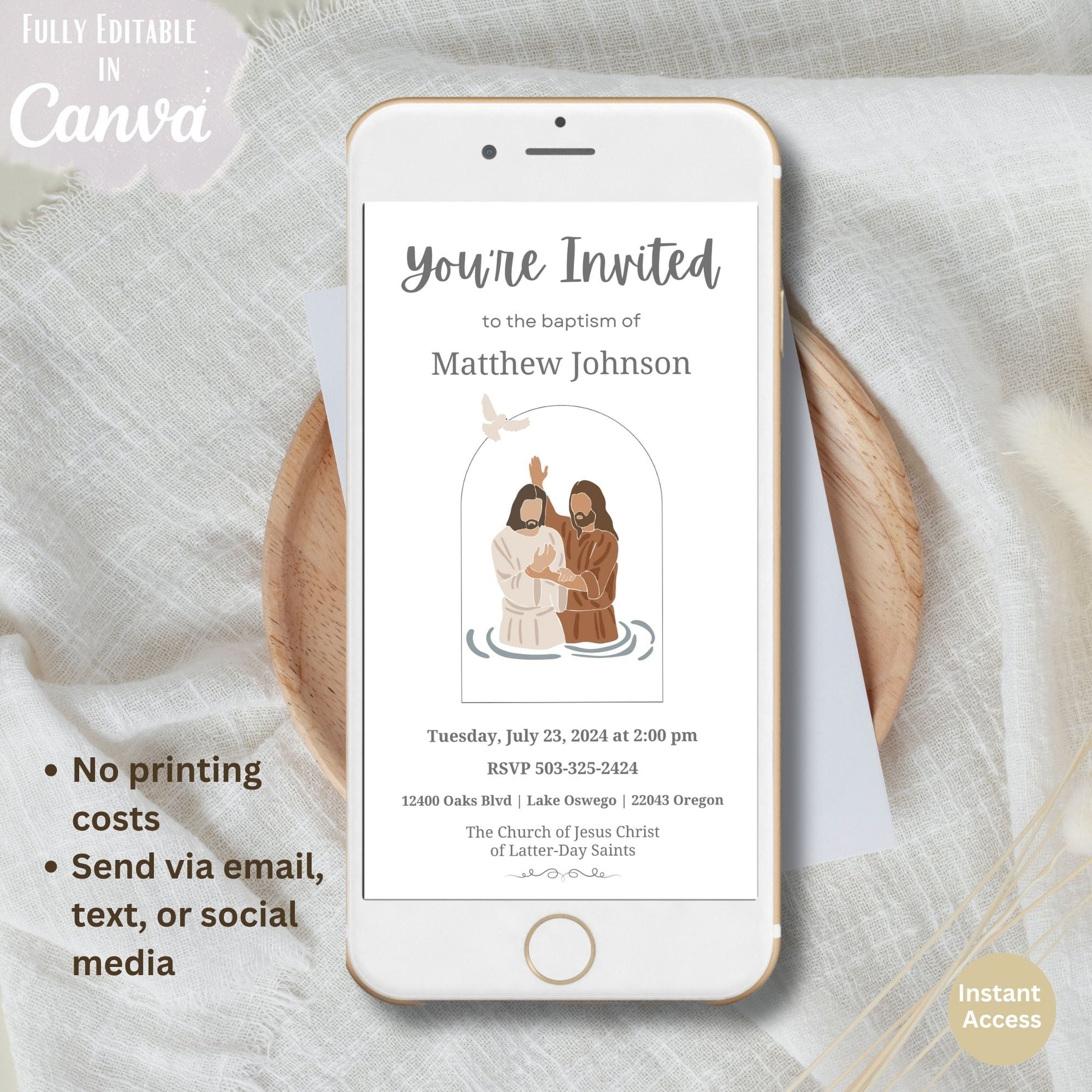 LDS Baptism Invitation – Editable Canva Evite or Printable – Digital Printable by Digital Kim Designs