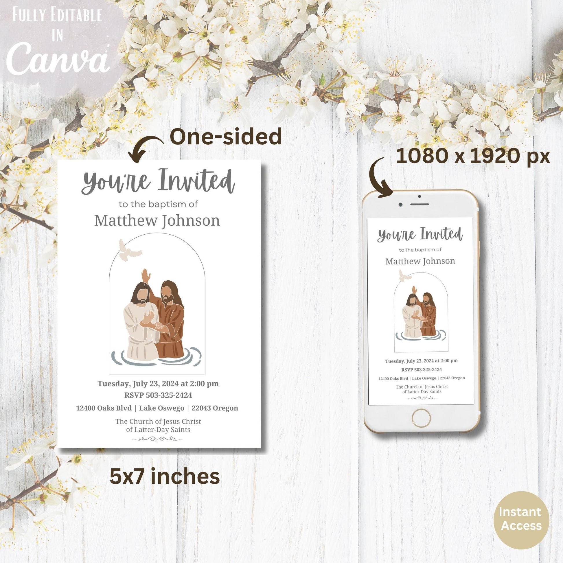 LDS Baptism Invitation – Editable Canva Evite or Printable – Digital Printable by Digital Kim Designs